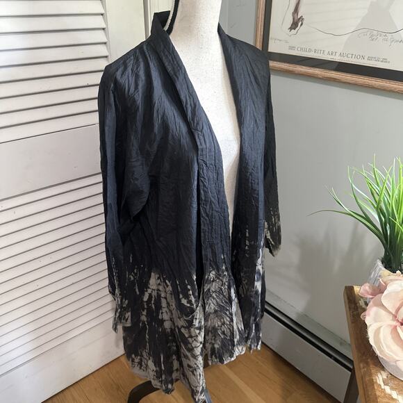 HARUBELLA Womens Jacket Medium Black Tie Dye Crinkle Open Boho Lagenlook Artsy - Picture 3 of 9